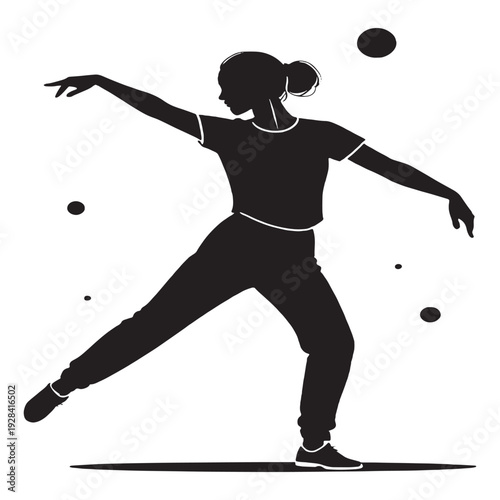 Modern t-shirt design with stylish black graphic on white background  Elegant woman dancing with arms raised in dynamic pose
