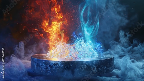 Wallpaper Mural A dynamic representation of fire and water elements, with vibrant orange flames and cool blue waves swirling around a central circular platform. Torontodigital.ca