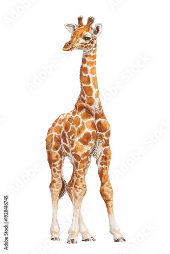 Watercolor illustration of giraffe full body in profile on light background, soft artistic style, decorative print for poster nursery or book