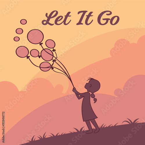 a character releasing glowing balloons shaped like worries into the sky at sunset, soft dreamy illustration style, warm gradient background, include text ‘LET IT GO’