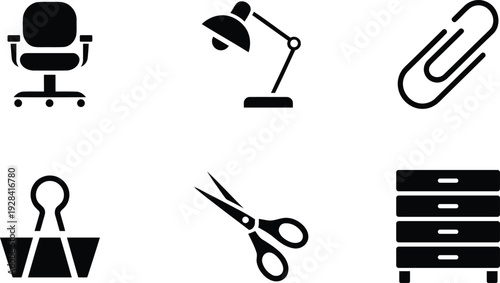 Office supplies icon set with desk chair lamp paper clip binder clip scissors and drawer cabinet vector silhouette