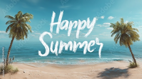 Summer beach with palm trees and Happy Summer lettering on sea background sunny tropical landscape with blue sky vacation atmosphere banner for seasonal greetings and advertising