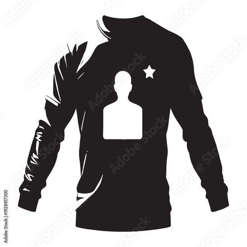 Modern t-shirt design with stylish black graphic on white background  Elegant woman dancing with arms raised in dynamic pose