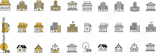 City buildings and urban landmarks icons set with shops, offices, banks, gas stations, houses, churches, and public institutions in flat outline vector style