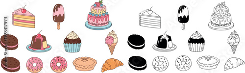 Dessert and sweet pastry icons set with cakes, donuts, cupcakes, ice cream, cookies, pies, and croissants in flat and outline vector illustration style