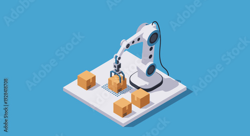 Industrial robotic arm assembling cardboard boxes on production line.