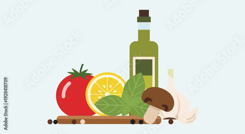 Fresh ingredients for cooking with olive oil and herbs.