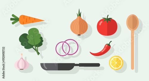 Assorted vegetables and kitchen utensils arranged neatly.