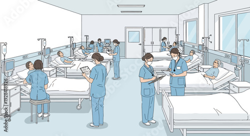 Medical staff attending to patients in a hospital ward.