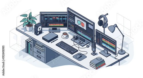 Modern office workspace with multiple computer monitors and office supplies.