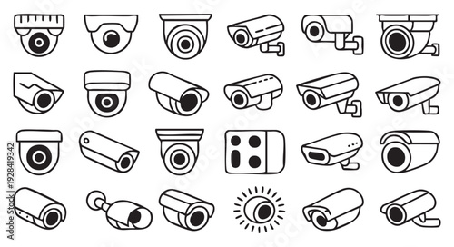 Surveillance security camera icons set of dome and bullet cctv monitoring devices for home safety