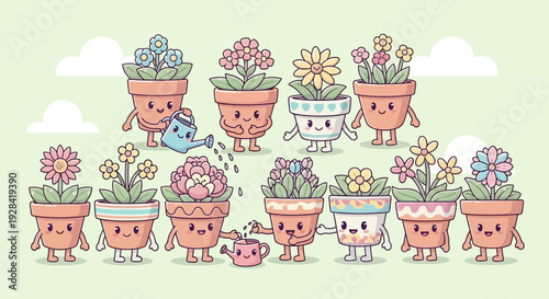 Adorable Cartoon Flower Pots with Smiling Faces and Vibrant Blooms.