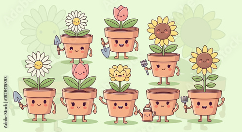 Cartoon flower pots with smiling faces and blooming flowers.