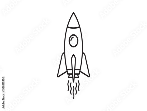 A simple line drawing of a rocket ship blasting off into space with flames