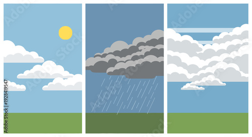 Weather Forecast Illustration with Sunny Cloudy and Rainy Conditions.