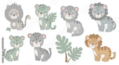 Adorable cartoon lion and cubs illustration set.