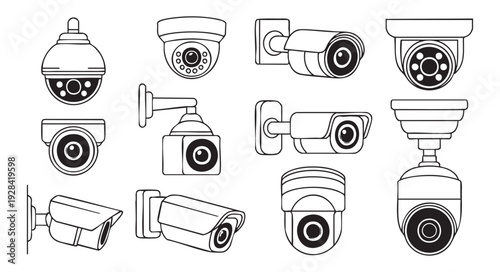 Security cameras line icon set cctv video observation system vector black linear pictograms
