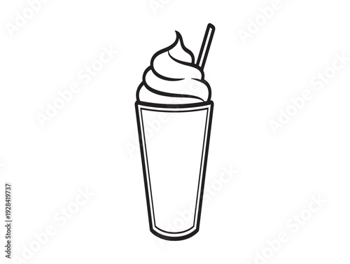 A simple line drawing of a milkshake with whipped cream and a straw