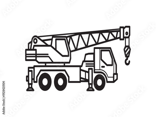 A black and white line drawing of a mobile truck crane with a boom and hook