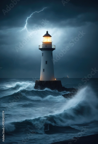 Wallpaper Mural Lighthouse on rock during storm at night, waves crashing on shore, bright beacon light in mist, dramatic seascape, concept of navigation, safety and hope Torontodigital.ca