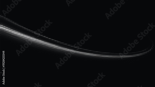 Halftone effect illustration with white curve on black background