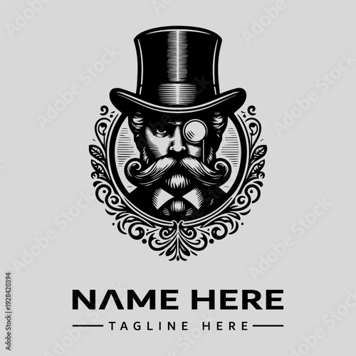 Black and white vintage engraving of a man with a top hat and monocle, surrounded by ornate floral patterns and text space for a logo or icon.