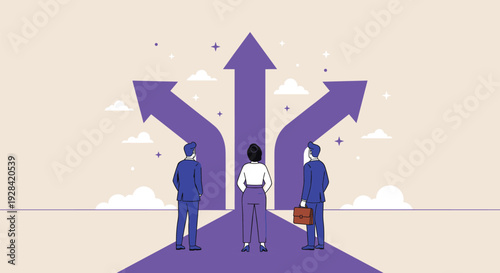 Business professionals standing at crossroads choosing different career paths with arrows for strategic decision making cad drawing flat vector illustration,