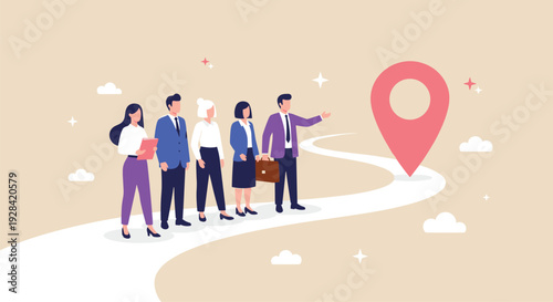 Business team follows winding path toward location pin destination for company goal success cad drawing flat vector illustration design elements,
