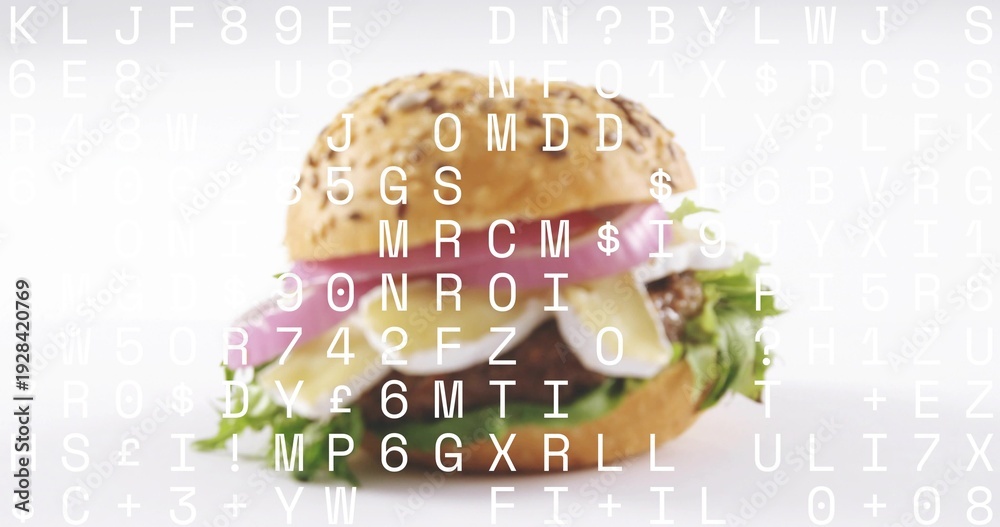 Obraz premium Showing gourmet burger sitting in studio with seeded bun, cheese, lettuce, beef patty, text overlay