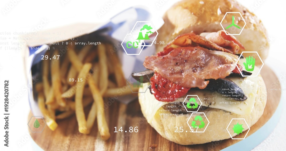 Fototapeta premium Showing bacon-topped burger sitting right on wood board, with fry cone, blue paper, green UI