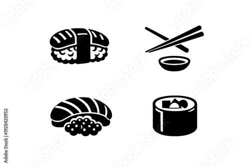 A collection of four white minimalist sushi icons on a solid black background, featuring different types of nigiri, a maki roll, and chopsticks with a small dipping bowl.