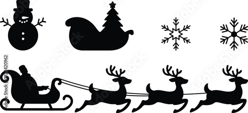 Christmas winter element bundle snowman Santa sleigh reindeer snowflake festive holiday seasonal vector illustration icon collection design