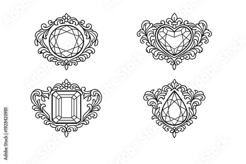 A set of four black and white line art illustrations featuring different gemstone shapes like heart, round, emerald, and pear, each enclosed in an ornate baroque style decorative frame.