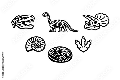 A set of white prehistoric icons on a black background, including a skull, a full skeleton, a triceratops head, an ammonite shell, an embryo in an egg, and a dinosaur footprint.
