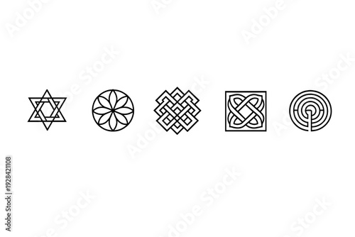 A collection of five white geometric symbols including a hexagram, flower of life, celtic knots, and a labyrinth arranged horizontally on a solid black background with subtle texture.