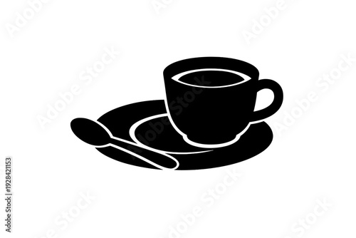 A minimalist line art illustration of a coffee cup sitting on a saucer with a small spoon beside it, presented in white outlines against a solid black background.