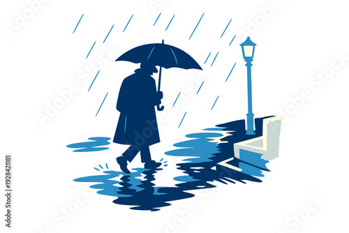 A blue-toned illustration of a person in a coat and hat walking through puddles in the rain while holding an umbrella. A street lamp and a bench are visible in the dark night scene.