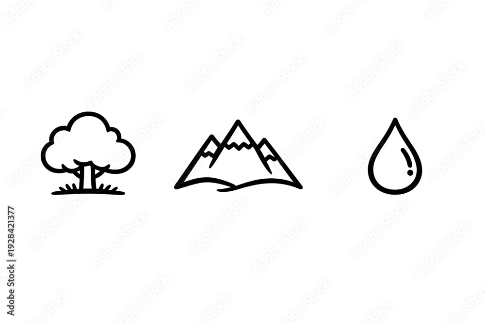 Fototapeta premium Three minimalist white line icons representing nature elements including a tree, mountain range, and a water drop, set against a solid black background for a clean look.