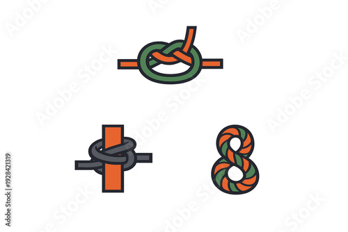 A collection of three stylized vector illustrations showing different nautical knots and rope configurations in orange, green, and grey colors against a dark background.
