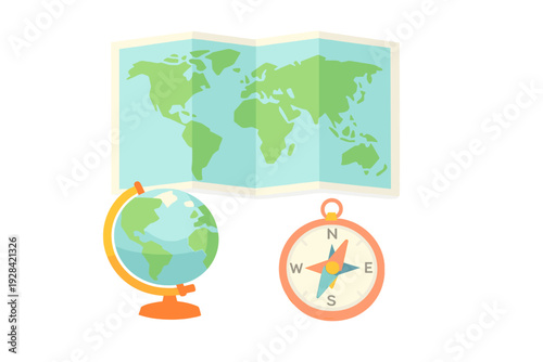 A flat illustration featuring a folded world map, a globe on an orange stand, and a compass with cardinal directions. The design uses a clean, colorful style for travel and geography themes.