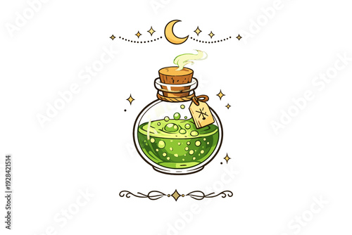 A digital illustration of a round glass potion bottle filled with bubbling green liquid. It features a cork stopper, a wooden tag with a rune, and celestial moon and star accents.