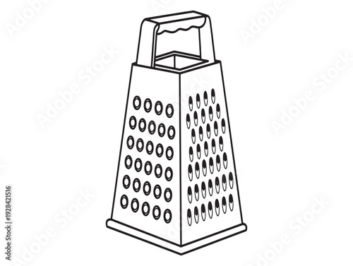 A black and white line drawing of a box grater kitchen utensil