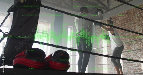 Training two boxers in sportswear, standing by ropes inside ring with red shoes, green overlay