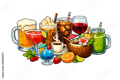This colorful illustration features a diverse collection of drinks like beer, wine, coffee, and tropical cocktails decorated with fruit slices and straws on a black backdrop.