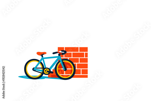 This minimalist flat illustration features a blue bicycle with orange accents parked in front of a small orange brick wall. The scene is set against a solid black background.