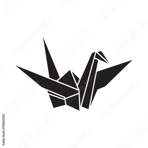 Origami crane isolated black silhouette of a bird, paper art symbol