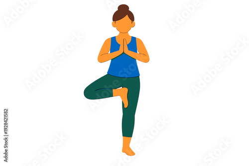 An illustration of a woman with brown hair in a bun performing the tree pose yoga position. She wears a blue tank top and green leggings against a solid black background.