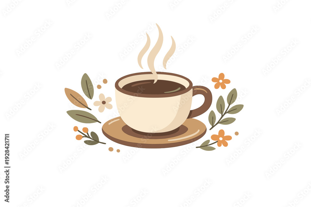 Obraz premium A flat illustration of a steaming cup of coffee or tea on a saucer, surrounded by stylized leaves and flowers in warm earth tones against a solid black background.