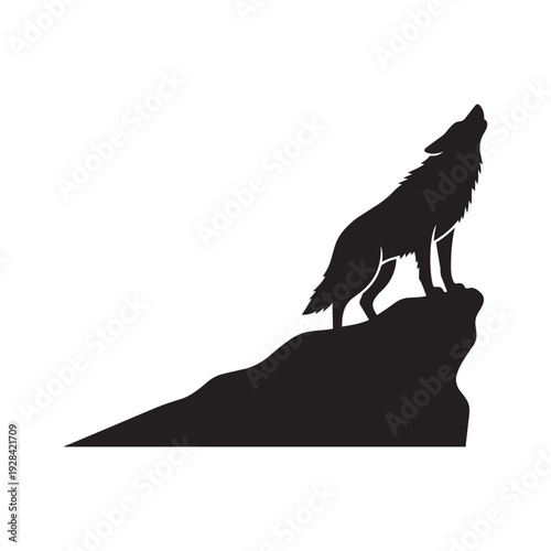 Wolf howling on rock silhouette vector illustration isolated on white
