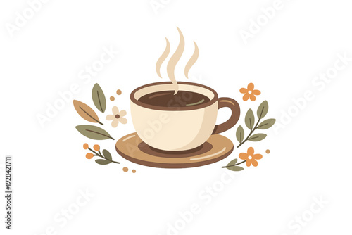 A flat illustration of a steaming cup of coffee or tea on a saucer, surrounded by stylized leaves and flowers in warm earth tones against a solid black background.